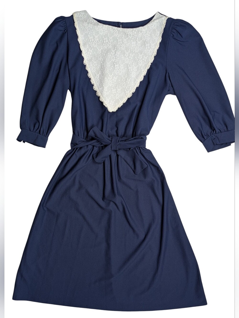 70s T Juniors Navy Lace-Paneled Tie-Waist Dress
